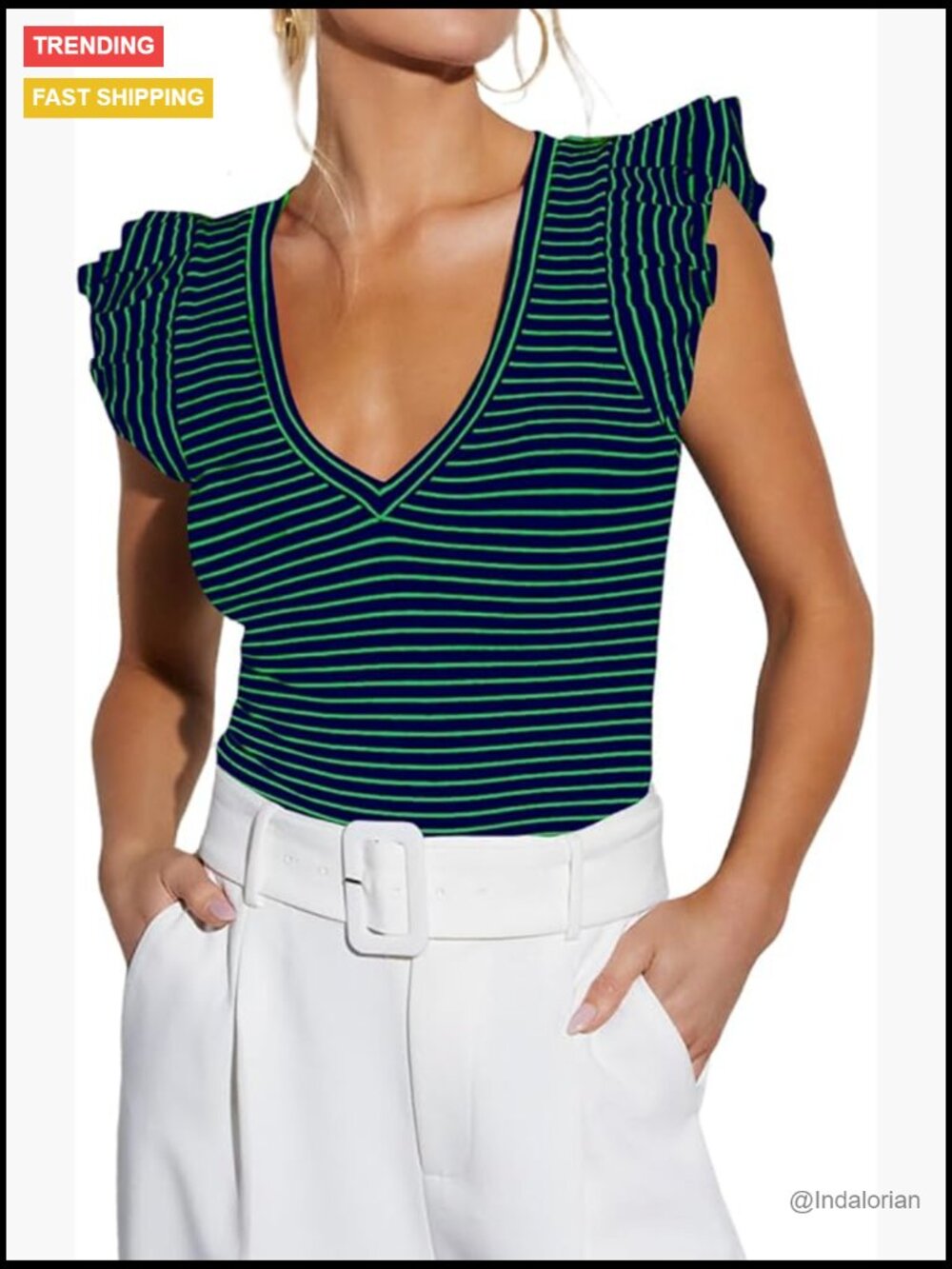 Rayon Ribbed Knit V-Neck Ruffle Sleeve Tank Top Slim Fitted